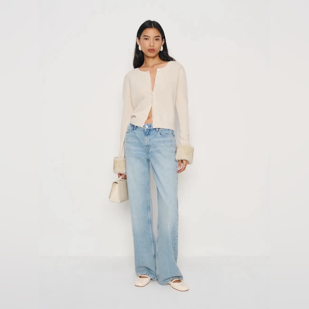 REFORMATION Clara Cashmere Crew Cardigan Cream Faux Fur Cuff - Picture 2 of 8